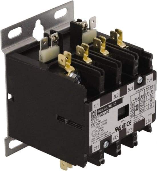 Square D - 4 Pole, 30 Amp Inductive Load, 277 Coil VAC at 60 Hz, Definite Purpose Contactor - Phase 1 and Phase 3 Hp:  10 at 230 VAC, 15 at 460 VAC, 2 at 115 VAC, 20 at 575 VAC, 5 at 230 VAC, 40 Amp Resistive Rating, CE, CSA, UL Listed - Caliber Tooling