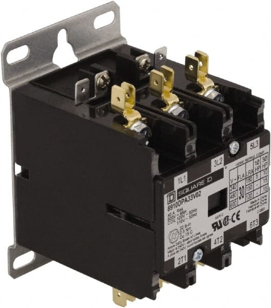 Square D - 3 Pole, 30 Amp Inductive Load, 440 Coil VAC at 50 Hz and 480 Coil VAC at 60 Hz, Definite Purpose Contactor - Exact Industrial Supply