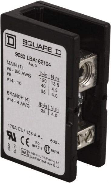 Square D - 1 Pole, 135 (Aluminium), 175 (Copper) Amp, Phenolic Power Distribution Block - 600 VAC, 1 Primary Connection - Caliber Tooling