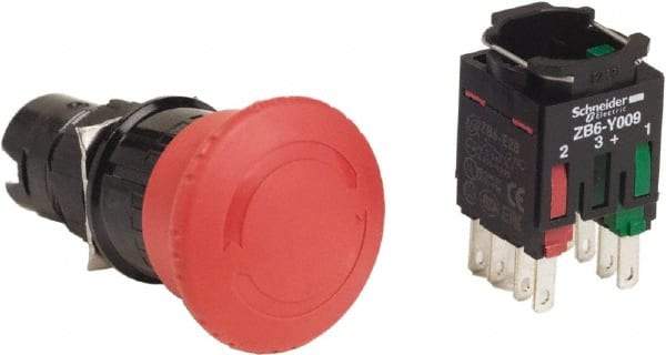 Schneider Electric - 16mm Mount Hole, Extended Mushroom Head, Pushbutton Switch with Contact Block - Round, Red Pushbutton, Maintained (MA), Momentary (MO) - Caliber Tooling