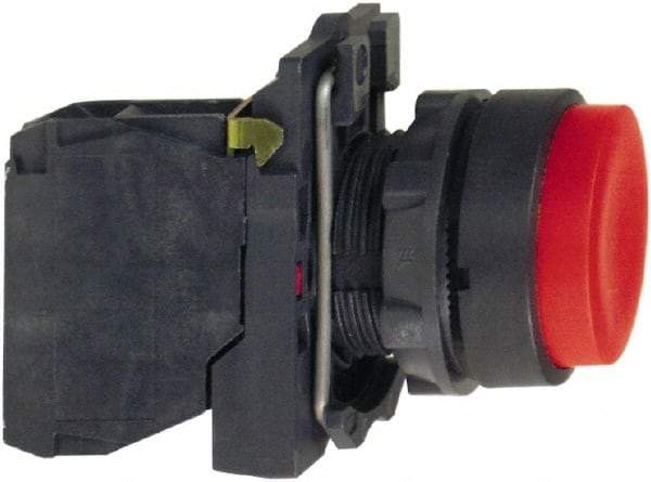 Schneider Electric - 22mm Mount Hole, Extended Straight, Pushbutton Switch with Contact Block - Round, Red Pushbutton, Momentary (MO) - Caliber Tooling