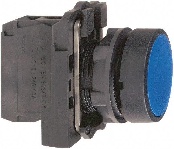 Schneider Electric - 22mm Mount Hole, Flush, Pushbutton Switch with Contact Block - Round, Blue Pushbutton, Momentary (MO) - Caliber Tooling