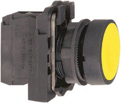 Schneider Electric - 22mm Mount Hole, Flush, Pushbutton Switch with Contact Block - Round, Yellow Pushbutton, Momentary (MO) - Caliber Tooling