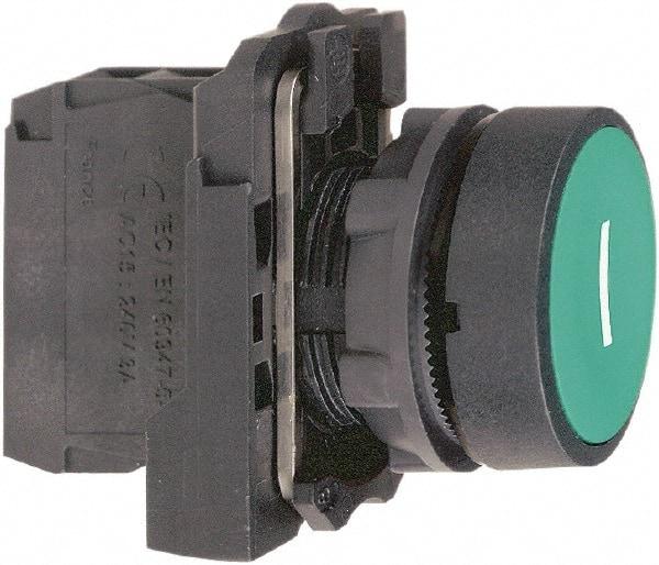 Schneider Electric - 22mm Mount Hole, Flush, Pushbutton Switch with Contact Block - Round, Green Pushbutton, Momentary (MO) - Caliber Tooling