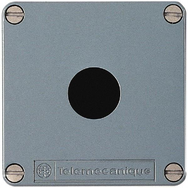 Schneider Electric - 1 Hole, 22mm Hole Diameter, Zinc Alloy Pushbutton Switch Enclosure - 80mm High x 80mm Wide x 74-1/2mm Deep - Caliber Tooling