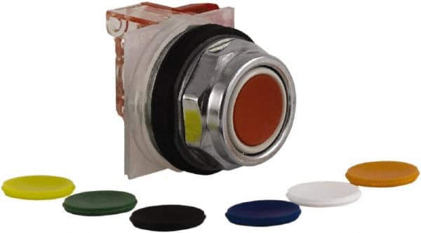 Schneider Electric - 30mm Mount Hole, Extended Straight, Pushbutton Switch with Contact Block - Multicolored Pushbutton, Momentary (MO) - Caliber Tooling