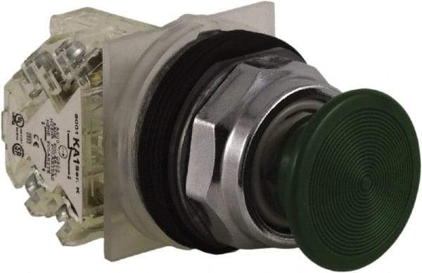 Schneider Electric - 30mm Mount Hole, Extended Straight, Pushbutton Switch with Contact Block - Green Pushbutton, Momentary (MO) - Caliber Tooling