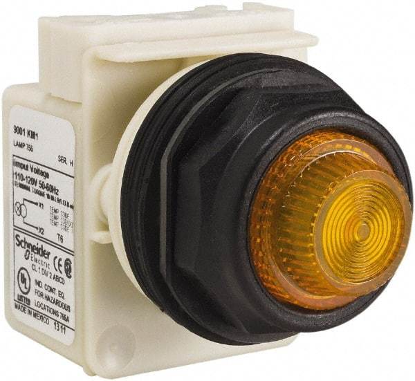 Schneider Electric - 110 VAC at 50/60 Hz via Transformer, 120 VAC at 50/60 Hz via Transformer Amber Lens Indicating Light - Round Lens, Screw Clamp Connector, Corrosion Resistant, Dust Resistant, Oil Resistant - Caliber Tooling