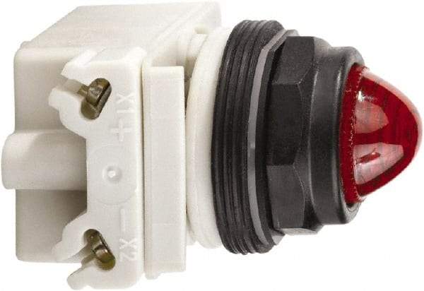 Schneider Electric - 120 VAC/VDC Red Lens LED Pilot Light - Round Lens, Screw Clamp Connector, 54mm OAL x 42mm Wide, Vibration Resistant - Caliber Tooling