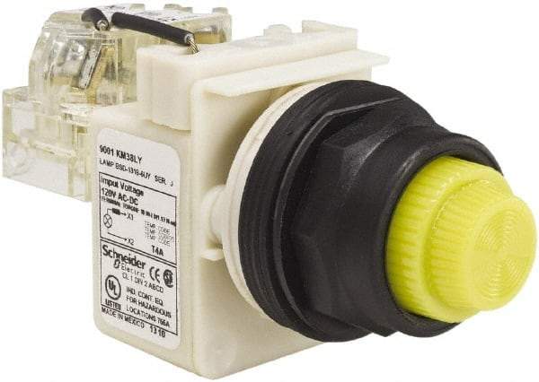 Schneider Electric - 120 V Yellow Lens LED Press-to-Test Indicating Light - Round Lens, Screw Clamp Connector, Corrosion Resistant, Dust Resistant, Oil Resistant - Caliber Tooling