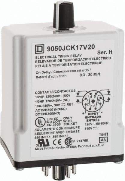 Square D - 0.3 to 30 min Delay, DPDT Time Delay Relay - 10 Contact Amp, 110 VDC & 120 VAC - Caliber Tooling