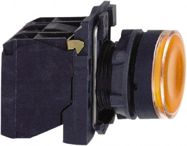 Schneider Electric - 22mm Mount Hole, Flush, Pushbutton Switch with Contact Block - Round, Orange Pushbutton, Illuminated, Momentary (MO) - Caliber Tooling