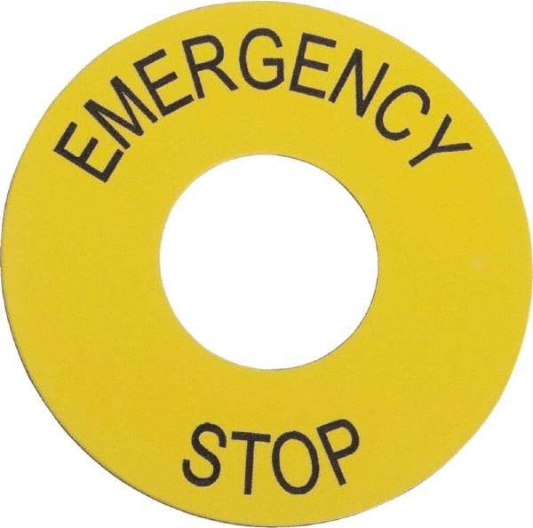 Schneider Electric - Round, PVC Legend Plate - Emergency Stop - Yellow Background, 60mm Hole Diameter - Caliber Tooling