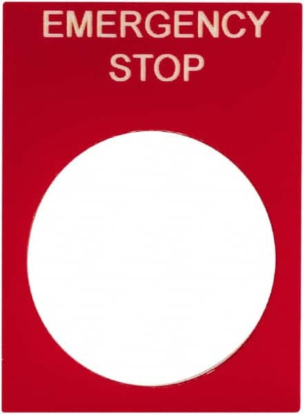 Schneider Electric - Rectangular, PVC Legend Plate - Emergency Stop - Red Background, White Letters, 22mm Hole Diameter, 30mm Wide x 40mm High - Caliber Tooling