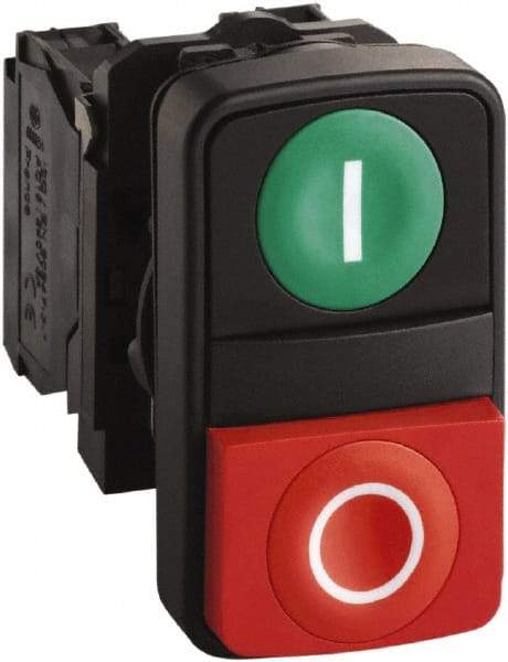 Schneider Electric - 22mm Mount Hole, Extended Straight, Flush, Pushbutton Switch Only - Rectangle, Green and Red Pushbutton, Nonilluminated, Momentary (MO), Shock and Vibration Resistant - Caliber Tooling