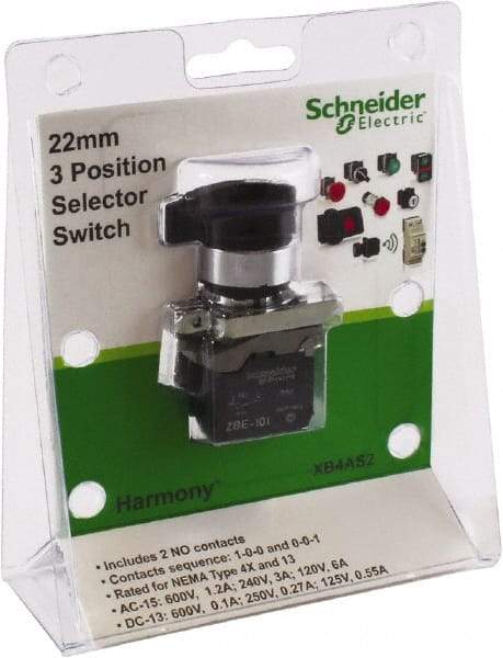 Schneider Electric - 22mm Mount Hole, 3 Position, Lever Operated, Selector Switch with Contact Blocks - Black, Maintained (MA), Nonilluminated, 1 Contact Block, 2NO - Caliber Tooling