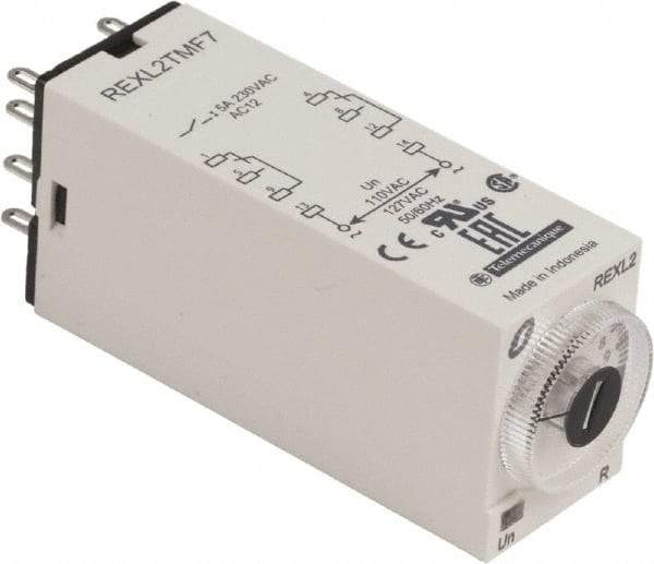 Schneider Electric - 8 Pin, 100 hr Delay, Multiple Range DPDT Time Delay Relay - 5 Contact Amp, 120 VAC, Knob - Caliber Tooling