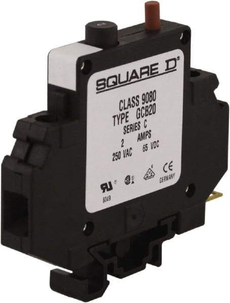 Square D - 2 Amp, 250 VAC, 65 VDC, 1 Pole, DIN Rail Mount Circuit Protector - Thermal Magnetic Trip, 16-10 AWG, 64mm Deep x 80mm High x - Caliber Tooling