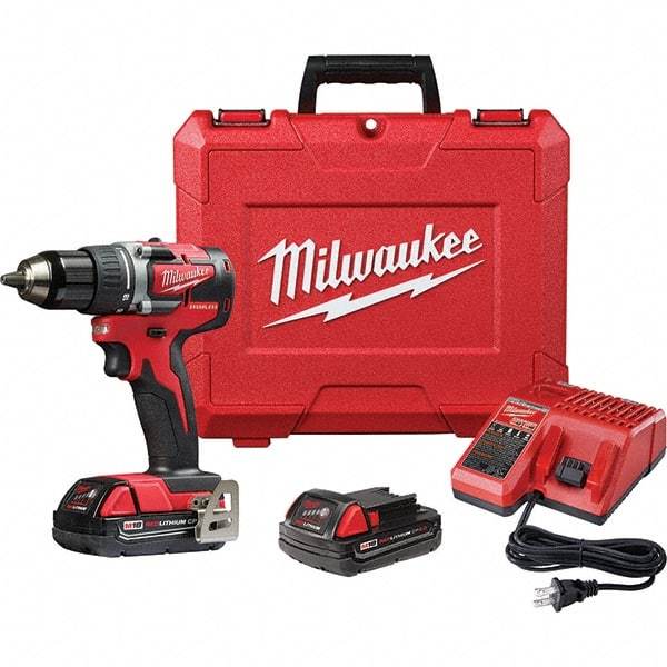 Milwaukee Tool - 18 Volt 1/2" Chuck Pistol Grip Handle Cordless Drill - 0-1800 RPM, Single-Sleeve Ratcheting Chuck, Reversible, 2 Lithium-Ion Batteries Included - Caliber Tooling