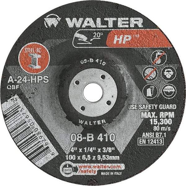 WALTER Surface Technologies - 24 Grit, 4" Wheel Diam, 1/4" Wheel Thickness, 3/8" Arbor Hole, Type 27 Depressed Center Wheel - Aluminum Oxide, Resinoid Bond, 15,000 Max RPM - Caliber Tooling