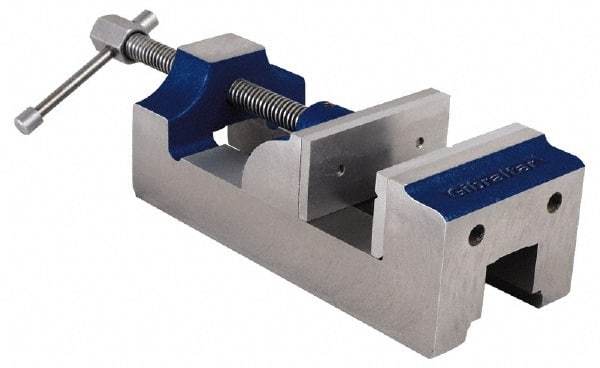 Gibraltar - 4" Jaw Opening Capacity x 1-3/4" Throat Depth, Horizontal Drill Press Vise - 4" Wide Jaw, Stationary Base, Standard Speed, 10-3/4" OAL, Cast Iron - Caliber Tooling