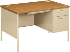 Hon - Laminate/Metal Right Pedestal Desk with Center Drawer - 48" Wide x 30" Deep x 29" High, Harvest/Putty - Caliber Tooling