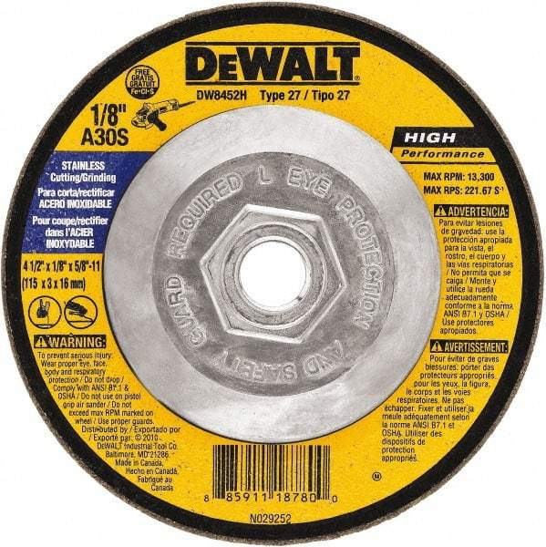 DeWALT - 30 Grit, 6" Wheel Diam, 1/8" Wheel Thickness, Type 27 Depressed Center Wheel - Aluminum Oxide, 10,100 Max RPM, Compatible with Angle Grinder - Caliber Tooling