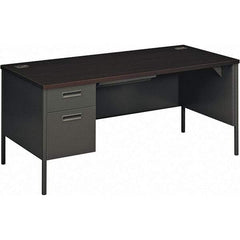 Hon - Plastic Laminated Top Single Pedestal Desk with Center Drawer - 66" Wide x 30" Deep x 29-1/2" High, Mahogany/Charcoal - Caliber Tooling