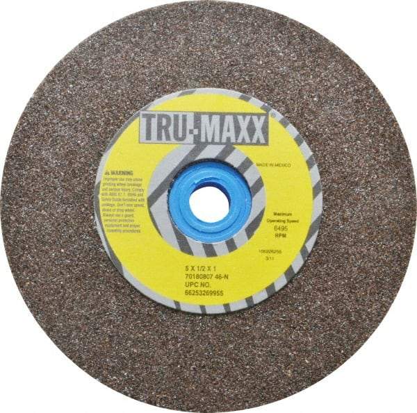 Tru-Maxx - 60 Grit Aluminum Oxide Bench & Pedestal Grinding Wheel - 5" Diam x 1" Hole x 1/2" Thick, 6495 Max RPM, O Hardness, Medium Grade , Vitrified Bond - Caliber Tooling