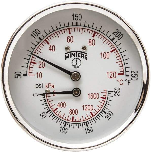 Winters - 3" Dial, 1/2 Thread, 0-250 Scale Range, Pressure Gauge - Center Back Connection Mount, Accurate to 0.03% of Scale - Caliber Tooling