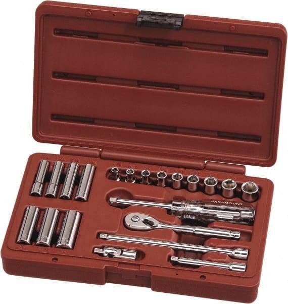 Paramount - 21 Piece 1/4" Drive Chrome Vanadium Finish Deep Well Socket Set - 6 Points, 3/16" to 1/2" Range, Inch Measurement Standard - Caliber Tooling