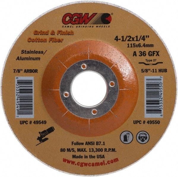 Camel Grinding Wheels - 36 Grit, 4-1/2" Wheel Diam, 1/4" Wheel Thickness, 7/8" Arbor Hole, Type 27 Depressed Center Wheel - Medium Grade, Aluminum Oxide, 13,300 Max RPM - Caliber Tooling