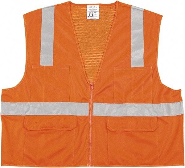 MCR Safety - Size L High Visibility Orange Mesh/Solid General Purpose Vest - 24.4" Chest, ANSI 107-2015, Nonconductive Zipper Closure, 6 Pockets, Polyester - Caliber Tooling