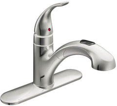 Moen - 3 Hole Mount, Low Arc Commercial Faucet - One Handle, Pull Lever Handle, Pullout Spout, No Drain - Caliber Tooling