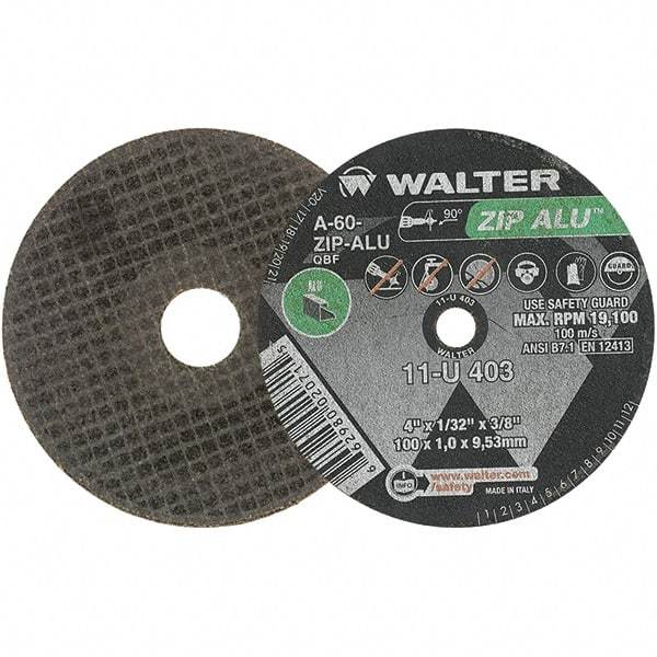 WALTER Surface Technologies - 4" 60 Grit Aluminum Oxide Cutoff Wheel - 1/32" Thick, 3/8" Arbor, 19,100 Max RPM, Use with Angle Grinders - Caliber Tooling