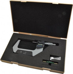 Mitutoyo - 3 to 4 Inch Range, 0.0001 Inch Resolution, Standard Throat, IP65 Electronic Outside Micrometer - 0.0001 Inch Accuracy, Ratchet Stop Thimble, Carbide Face, SR44 Battery, Data Output, Plastic Case - Caliber Tooling