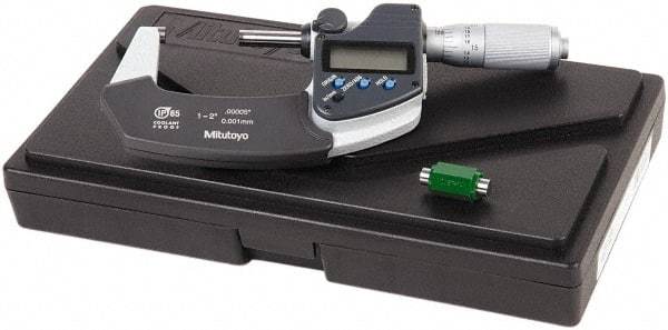 Mitutoyo - 1 to 2 Inch Range, 0.0001 Inch Resolution, Standard Throat, IP65 Electronic Outside Micrometer - 0.0001 Inch Accuracy, Friction Thimble, Carbide Face, SR44 Battery, Data Output, Plastic Case, Includes NIST Traceable Certification of Inspection - Caliber Tooling