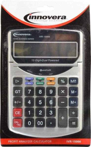 innovera - 12-Digit Portable Calculator - 18mm Display Size, White, Solar & Battery Powered, 7" Long x 4-3/4" Wide - Caliber Tooling