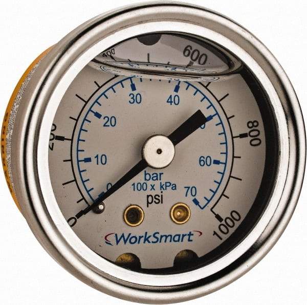 Value Collection - 1-1/2" Dial, 1/8 Thread, 0-1,000 Scale Range, Pressure Gauge - Center Back Connection Mount, Accurate to 3-2-3% of Scale - Caliber Tooling