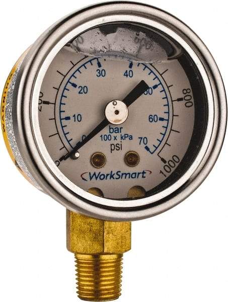 Value Collection - 1-1/2" Dial, 1/8 Thread, 0-1,000 Scale Range, Pressure Gauge - Lower Connection Mount, Accurate to 3-2-3% of Scale - Caliber Tooling