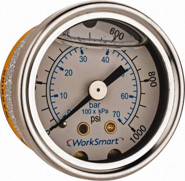 Value Collection - 1-1/2" Dial, 1/8 Thread, 0-1,000 Scale Range, Pressure Gauge - Center Back Connection Mount, Accurate to 3-2-3% of Scale - Caliber Tooling