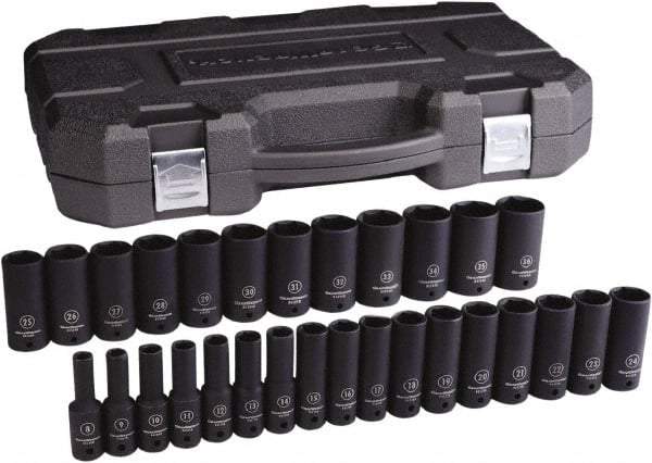 GearWrench - 29 Piece 1/2" Drive Black Finish Deep Well Impact Socket Set - 6 Points, 8mm to 36mm Range, Metric Measurement Standard - Caliber Tooling