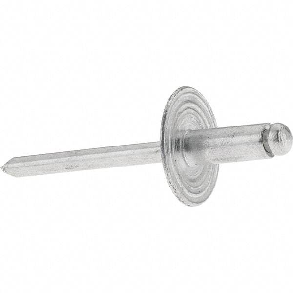 Value Collection - Size 64 Large Flange Dome Head Aluminum Open End Blind Rivet - Aluminum Mandrel, 0.062" to 1/4" Grip, 0.615" Head Diam, 0.192" to 0.196" Hole Diam, 0.45" Length Under Head, 3/16" Body Diam - Caliber Tooling