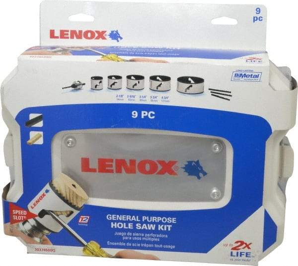 Lenox - 9 Piece, 2-1/8" to 4-3/4" Saw Diam, General Purpose Hole Saw Kit - Bi-Metal, Includes 5 Hole Saws - Caliber Tooling