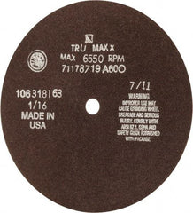 Tru-Maxx - 7" 60 Grit Aluminum Oxide Cutoff Wheel - 1/16" Thick, 1/2" Arbor, 5,184 Max RPM, Use with Stationary Tools - Caliber Tooling