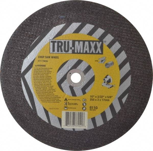 Tru-Maxx - 10" 36 Grit Aluminum Oxide Cutoff Wheel - 3/32" Thick, 5/8" Arbor, 6,112 Max RPM, Use with Stationary Tools - Caliber Tooling