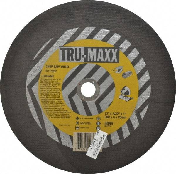 Tru-Maxx - 12" 36 Grit Aluminum Oxide Cutoff Wheel - 3/32" Thick, 1" Arbor, 5,095 Max RPM, Use with Chop Saws - Caliber Tooling