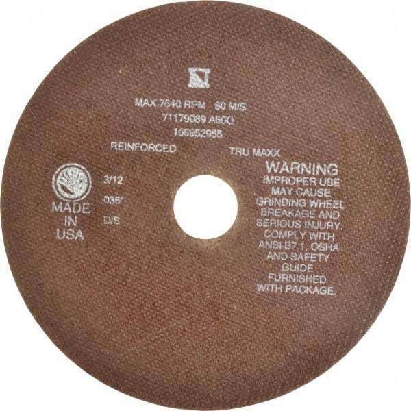 Tru-Maxx - 8" 60 Grit Aluminum Oxide Cutoff Wheel - 0.035" Thick, 1-1/4" Arbor, 7,639 Max RPM, Use with Stationary Tools - Caliber Tooling