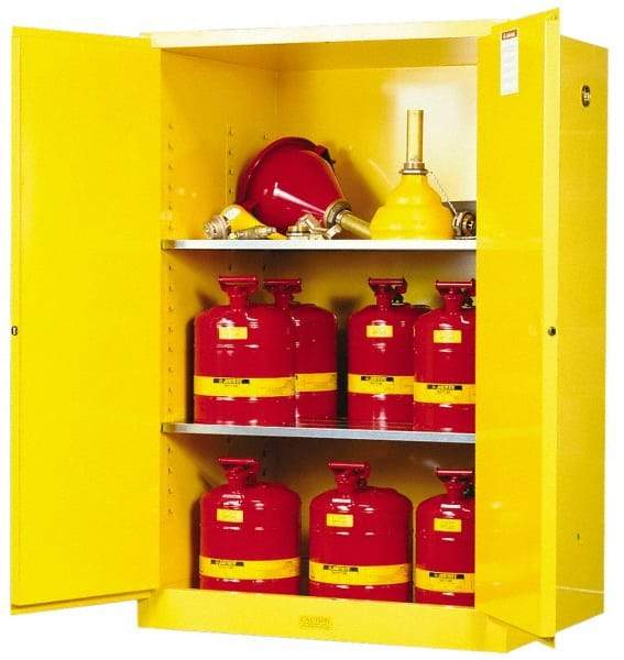 Justrite - 2 Door, 2 Shelf, Yellow Steel Standard Safety Cabinet for Flammable and Combustible Liquids - 65" High x 43" Wide x 34" Deep, Manual Closing Door, 3 Point Key Lock, 90 Gal Capacity - Caliber Tooling