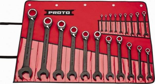 Proto - 20 Piece, 7/32" to 1-1/2", 12 Point Combination Wrench Set - Inch Measurement Standard, Black/Chrome Finish, Comes in Pouch - Caliber Tooling